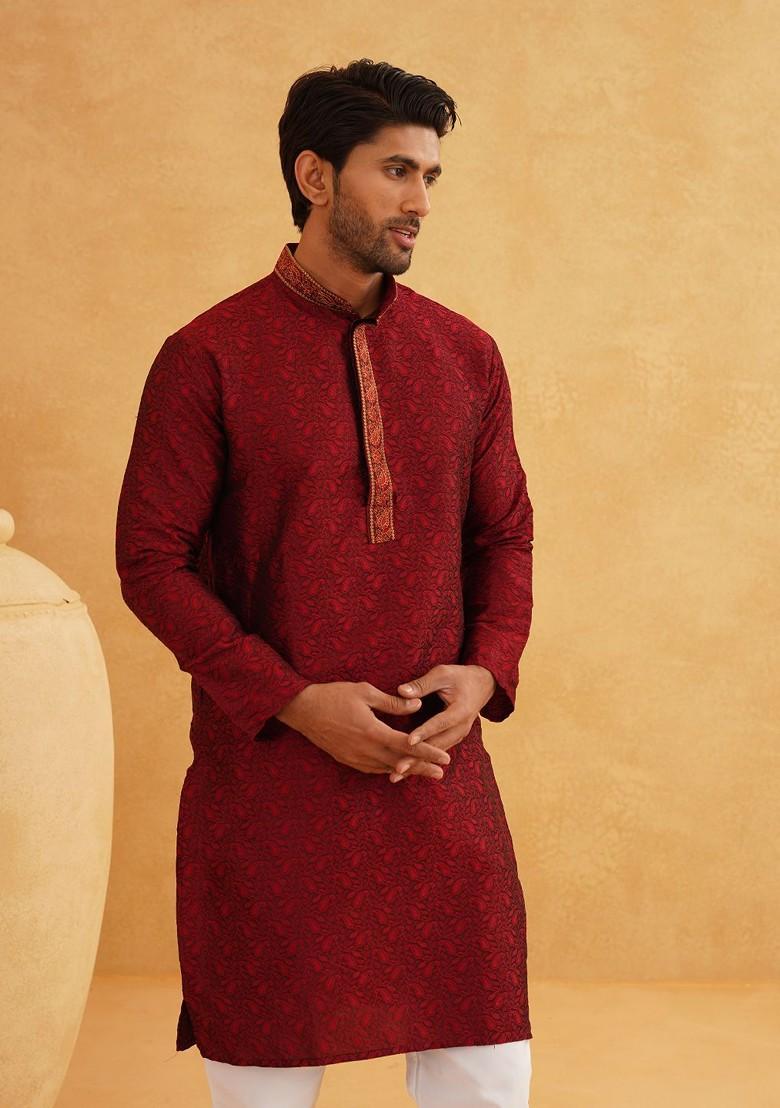 Maroon Woven Poly Blend Kurta For Men