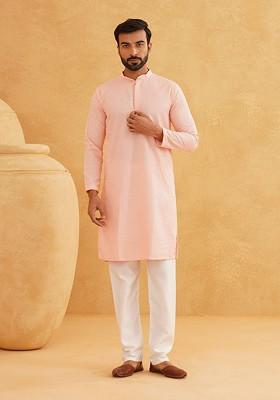 Peach Embroidered Cotton Kurta For Men