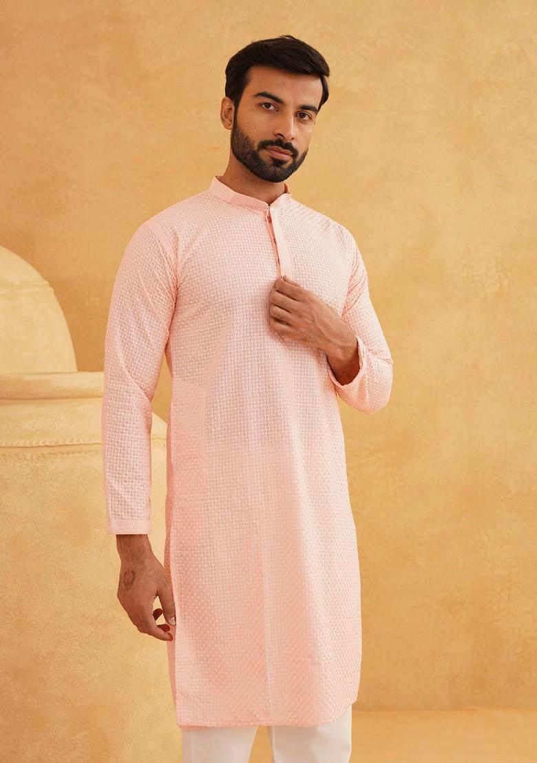 Peach Embroidered Cotton Kurta For Men