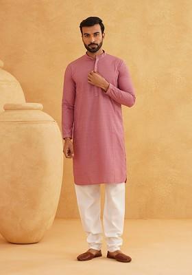 Coral Pink Embroidered Cotton Kurta For Men