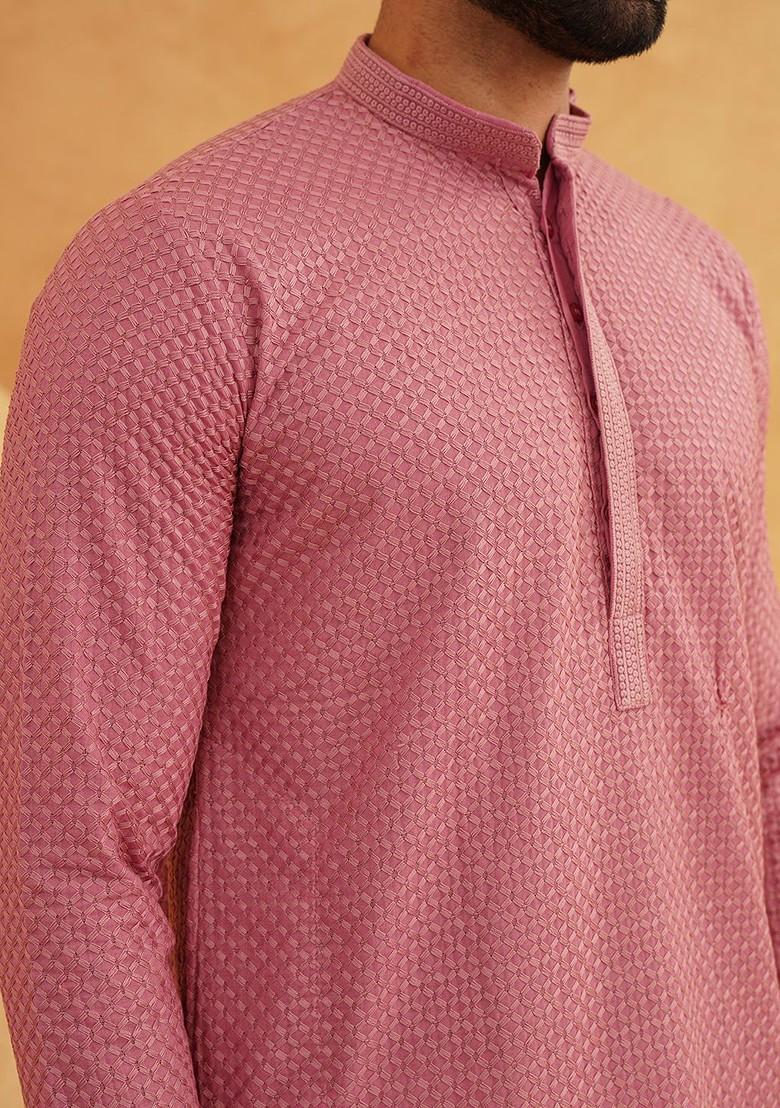 Coral Pink Embroidered Cotton Kurta For Men