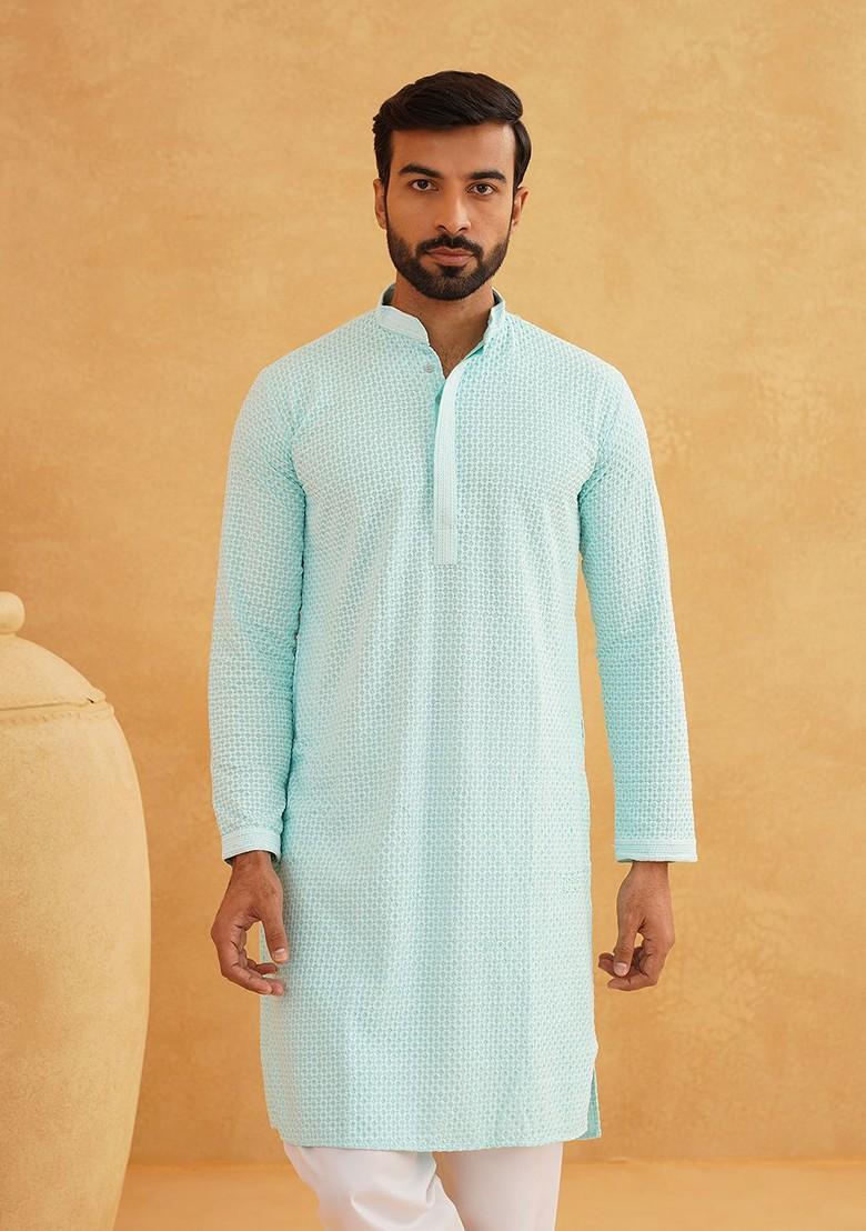 Turquoise Blue Embroidered Cotton Kurta For Men