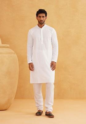 White Embroidered Cotton Kurta For Men