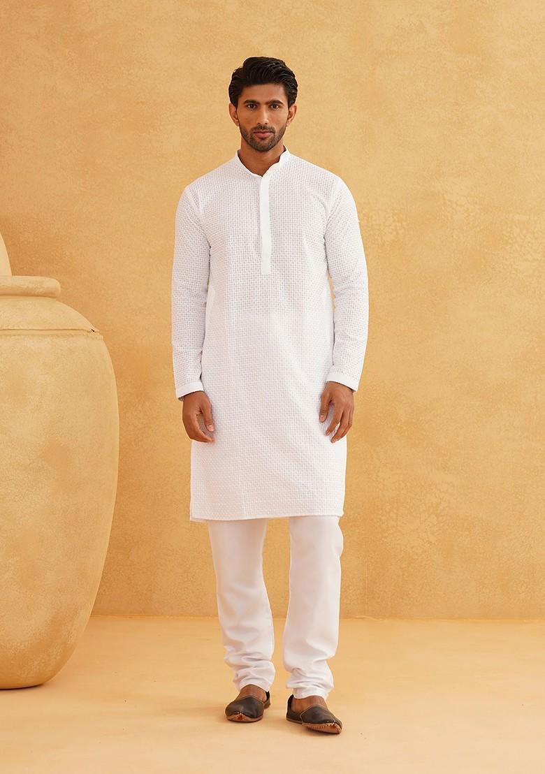White Embroidered Cotton Kurta For Men