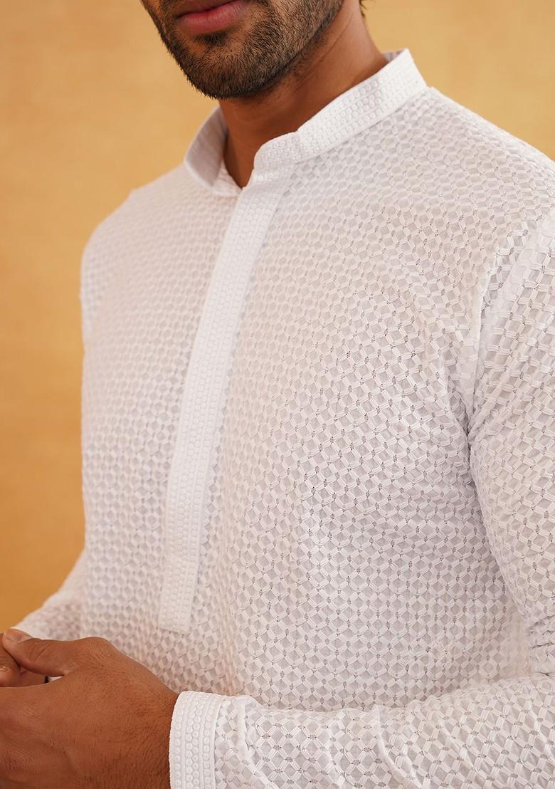 White Embroidered Cotton Kurta For Men