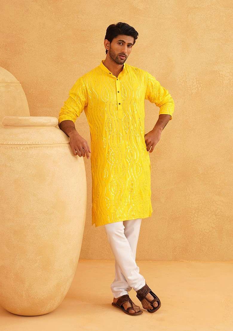Mustard Embroidered Cotton Kurta For Men - Indya
