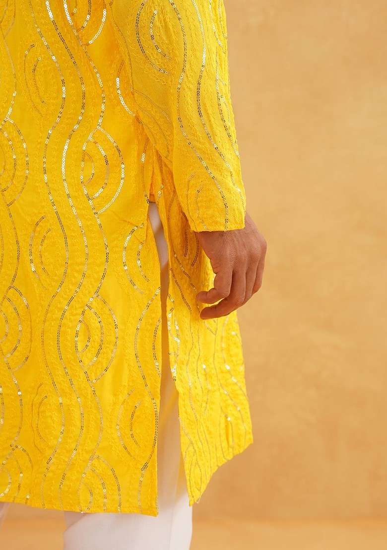 Mustard Embroidered Cotton Kurta For Men - Indya