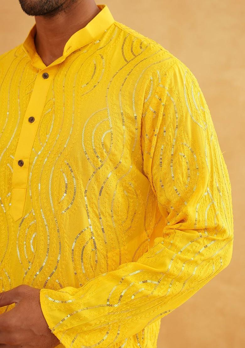Mustard Embroidered Cotton Kurta For Men