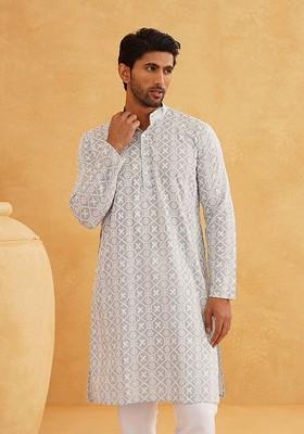 Grey Embroidered Cotton Kurta For Men