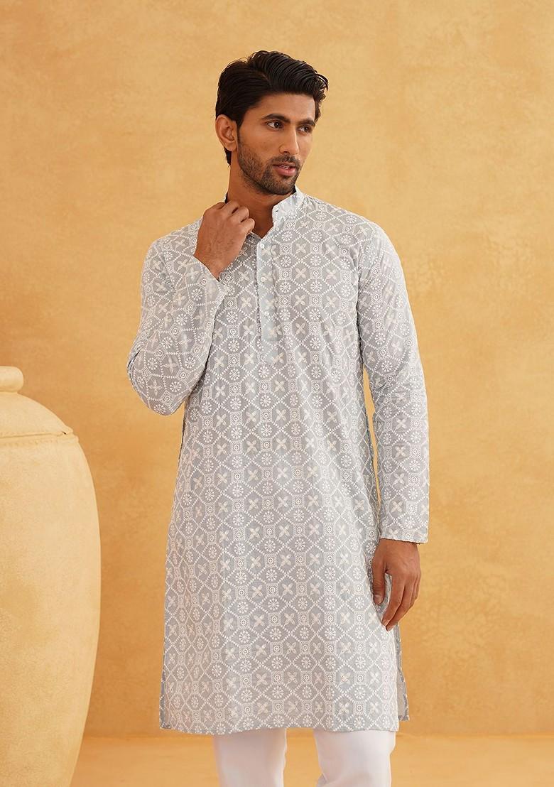 Grey Embroidered Cotton Kurta For Men