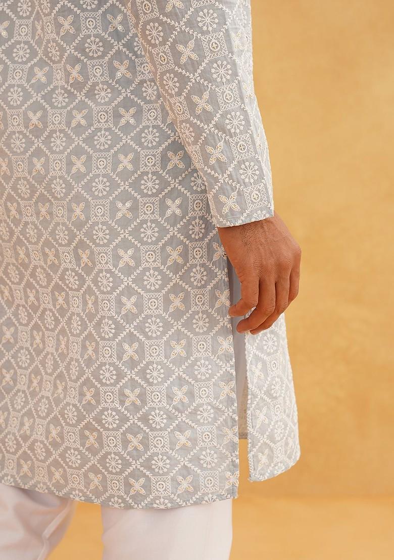 Grey Embroidered Cotton Kurta For Men