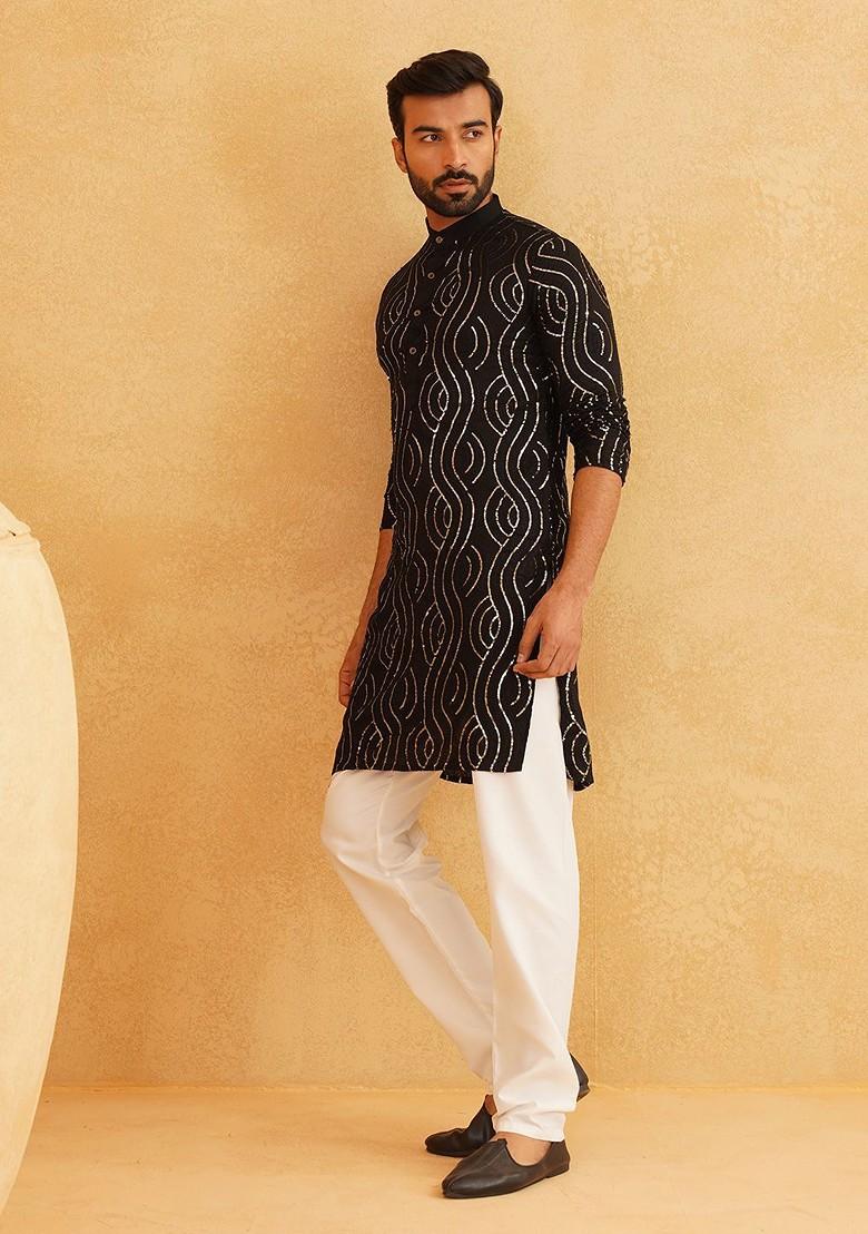 Black Embroidered Cotton Kurta For Men