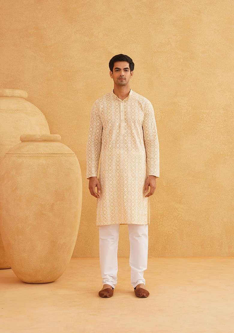 Beige Embroidered Cotton Kurta For Men - Indya