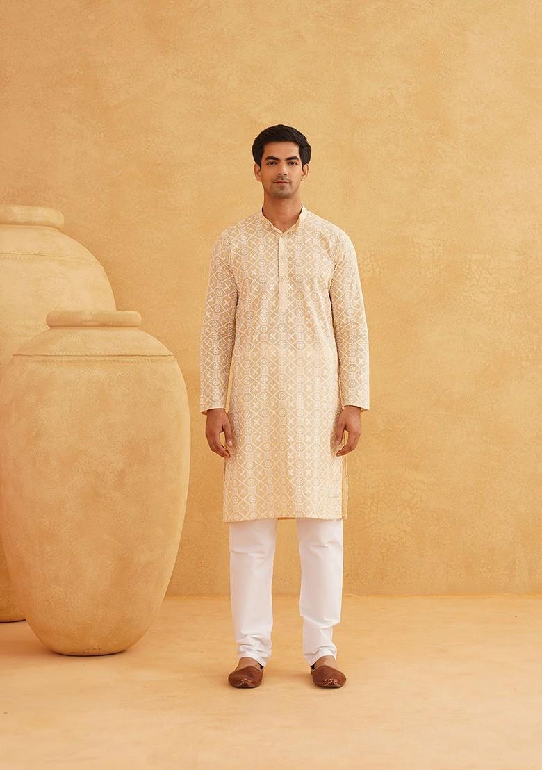 Beige Embroidered Cotton Kurta For Men
