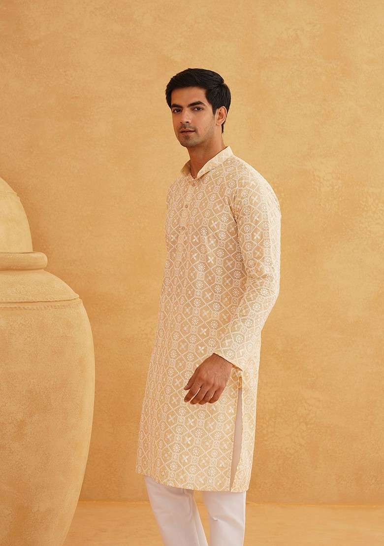 Beige Embroidered Cotton Kurta For Men - Indya