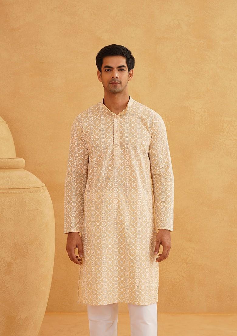 Beige Embroidered Cotton Kurta For Men