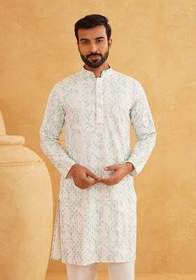 Green Embroidered Cotton Kurta For Men
