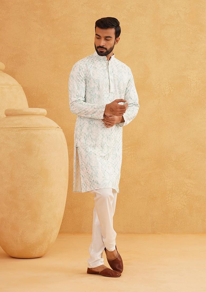 Green Embroidered Cotton Kurta For Men