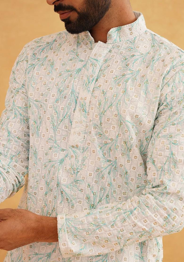 Green Embroidered Cotton Kurta For Men