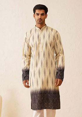 Beige Ethnic Motifs Poly Blend Kurta For Men