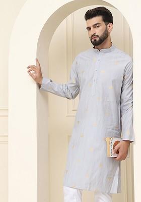 Grey Woven Poly Blend Kurta For Men