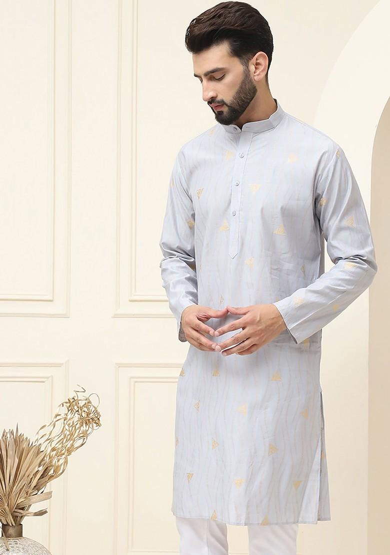 Grey Woven Poly Blend Kurta For Men