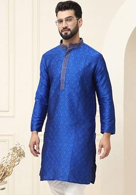 Blue Ethnic Motifs Silk Kurta For Men
