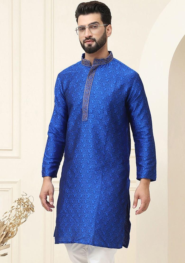 Blue Ethnic Motifs Silk Kurta For Men