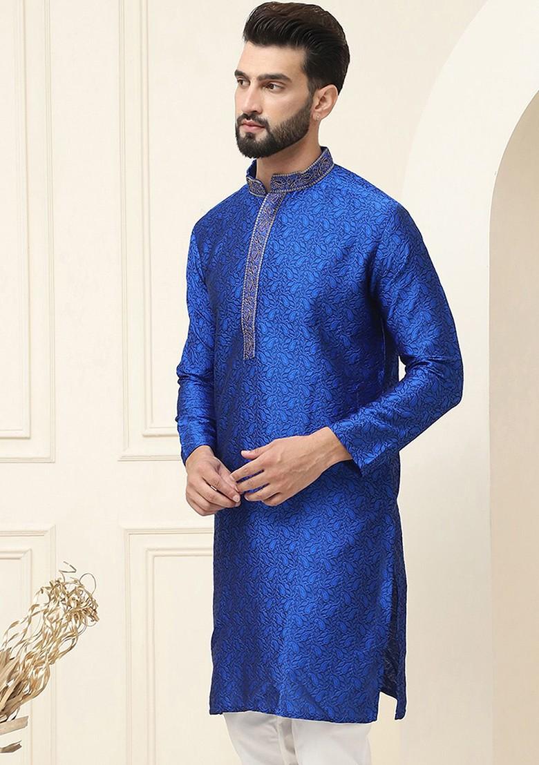 Blue Ethnic Motifs Silk Kurta For Men