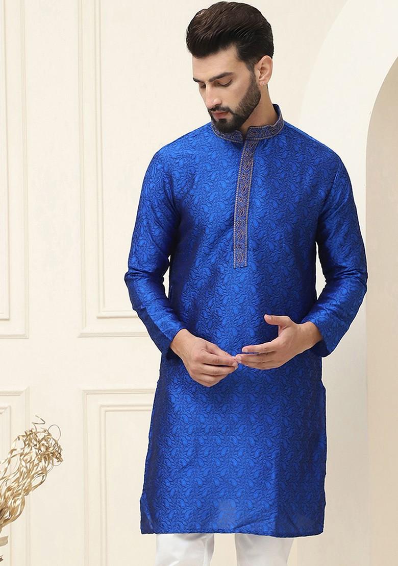 Blue Ethnic Motifs Silk Kurta For Men