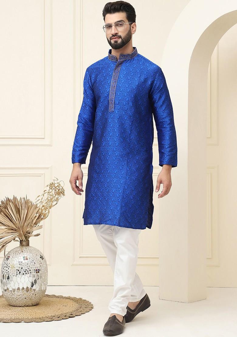 Blue Ethnic Motifs Silk Kurta For Men