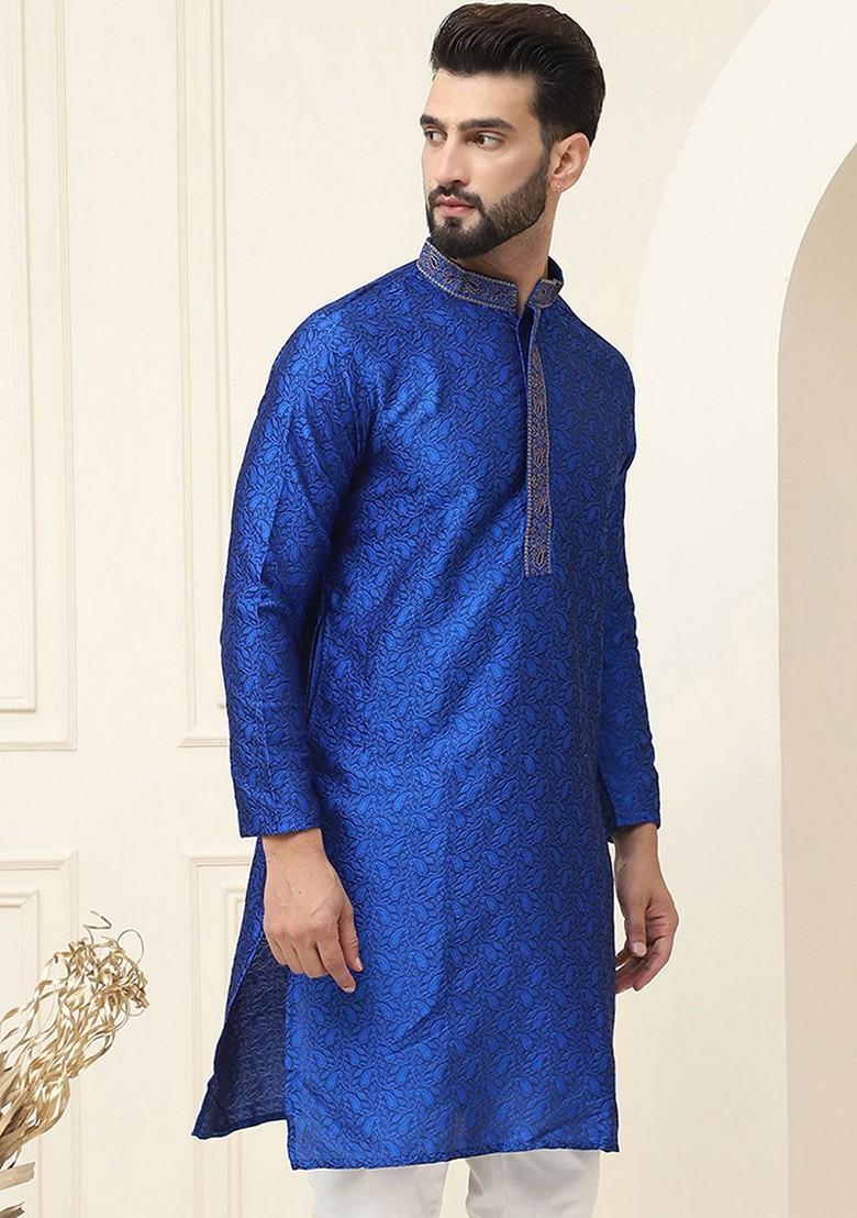 Blue Ethnic Motifs Silk Kurta For Men