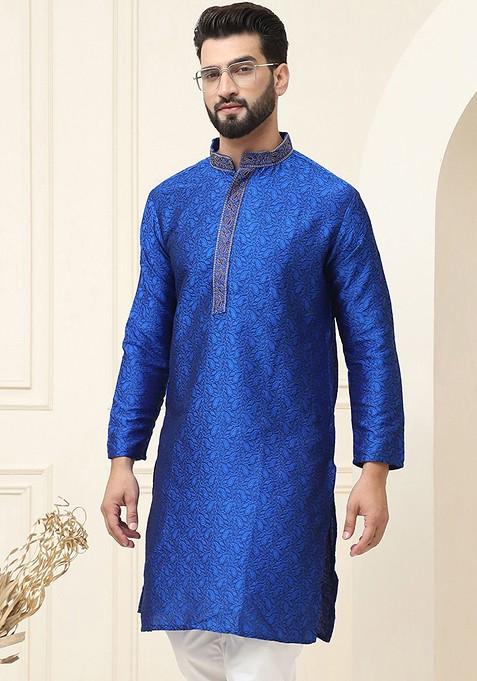 Blue Ethnic Motifs Silk Kurta For Men