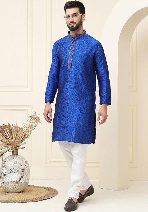 Blue Ethnic Motifs Silk Kurta For Men
