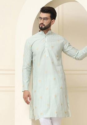 Green Woven Cotton Kurta For Men