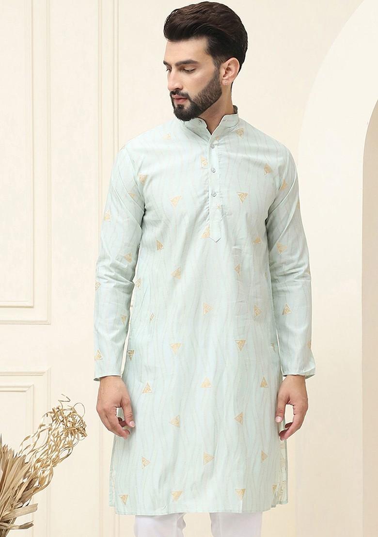 Green Woven Cotton Kurta For Men