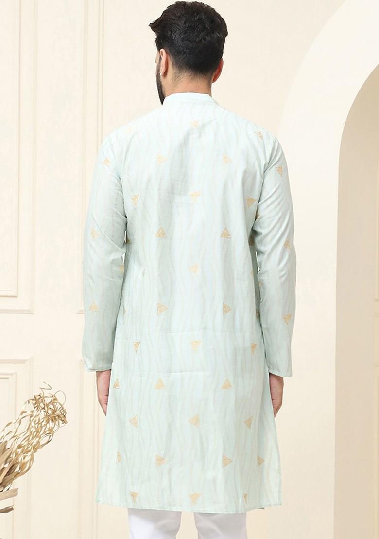 Green Woven Cotton Kurta For Men