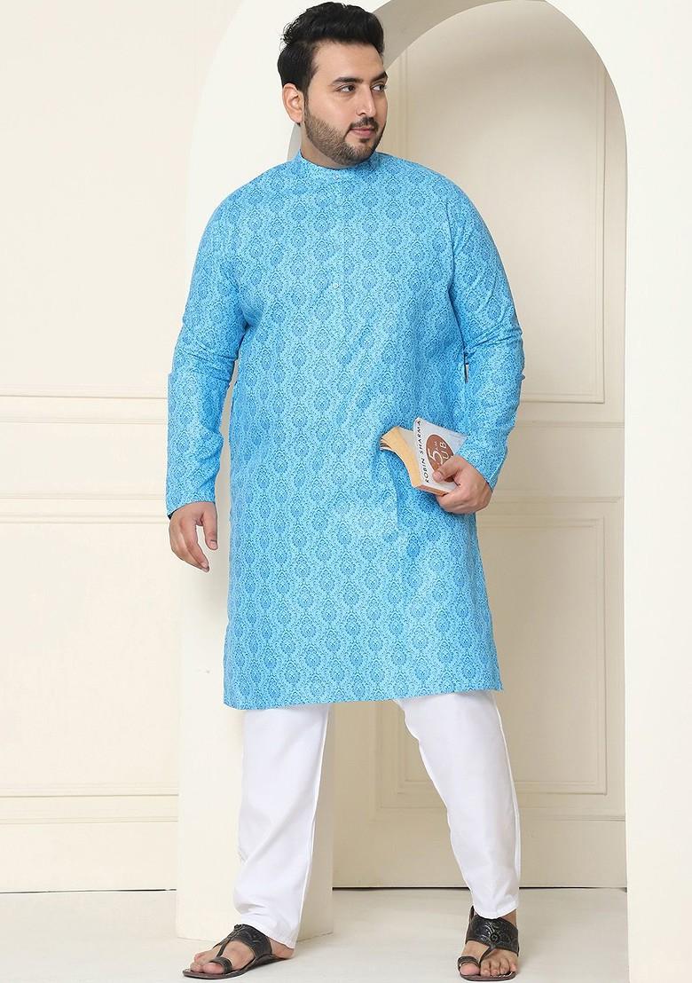 Blue Ethnic Motifs Cotton Kurta For Men