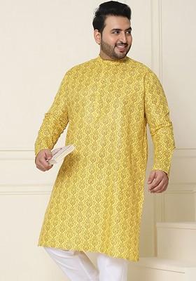 Mustard Printed Poly Blend Kurta For Men