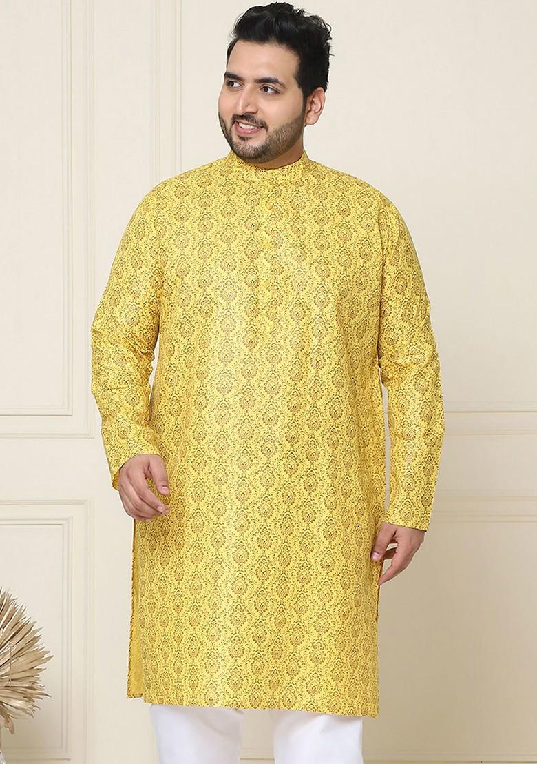 Mustard Printed Poly Blend Kurta For Men