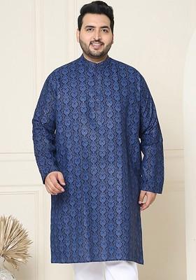 Navy Blue Ethnic Motifs Poly Blend Kurta For Men