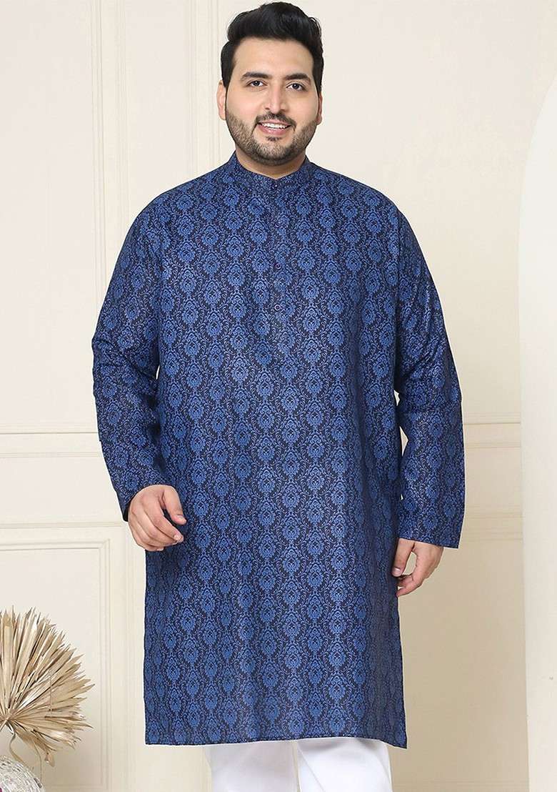 Navy Blue Ethnic Motifs Poly Blend Kurta For Men - Indya