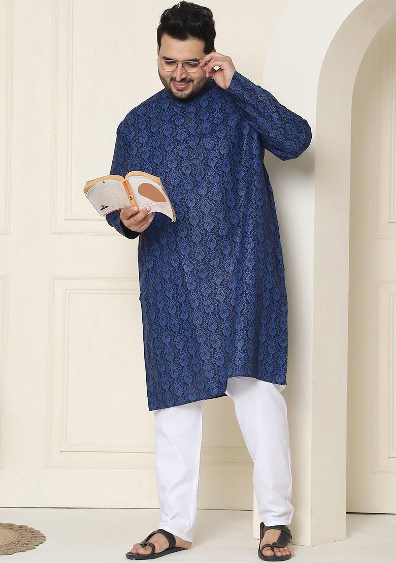 Navy Blue Ethnic Motifs Poly Blend Kurta For Men
