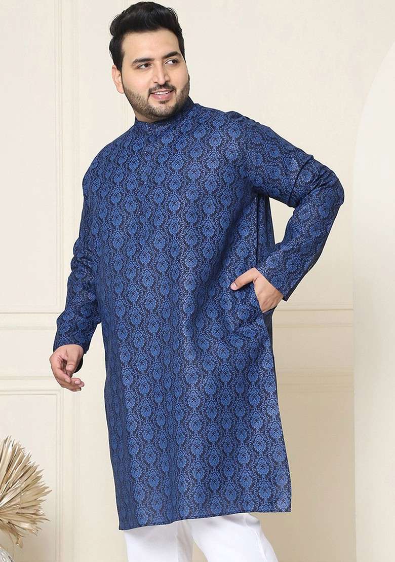 Navy Blue Ethnic Motifs Poly Blend Kurta For Men - Indya