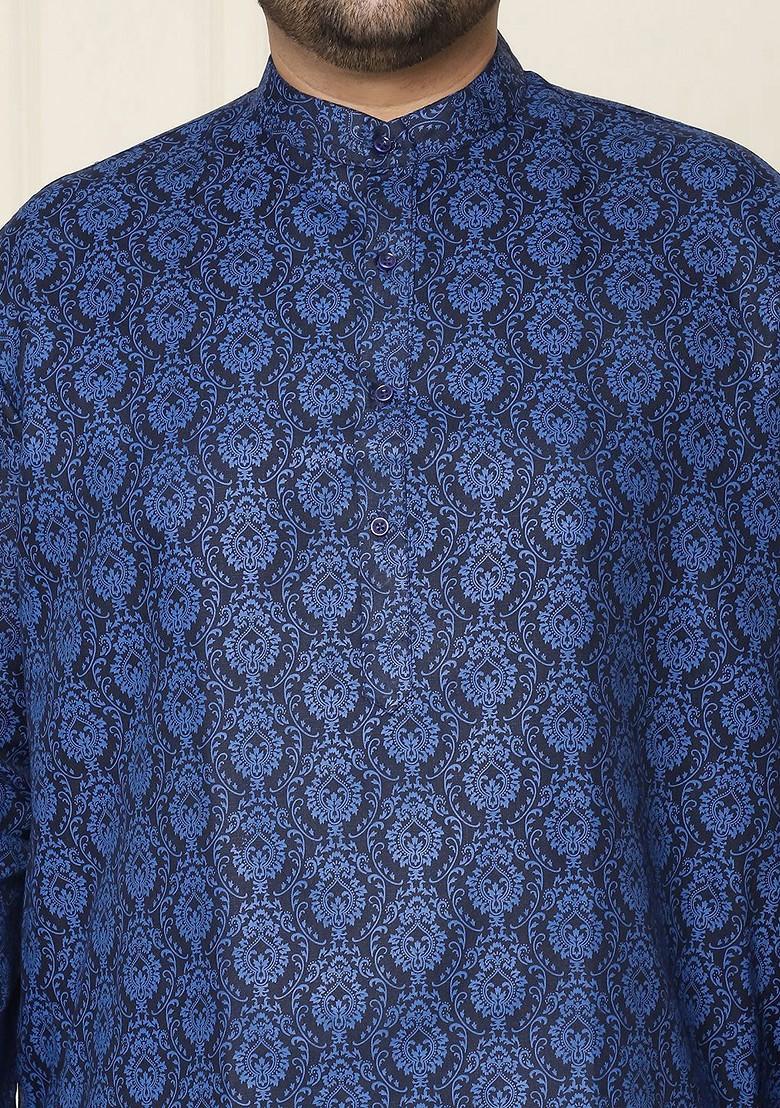 Navy Blue Ethnic Motifs Poly Blend Kurta For Men