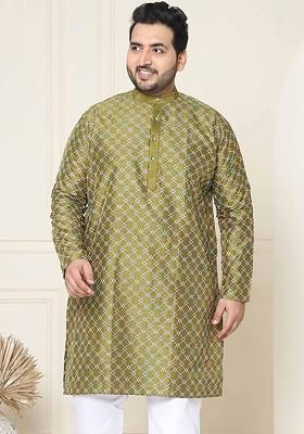 Olive Printed Poly Blend Kurta For Men