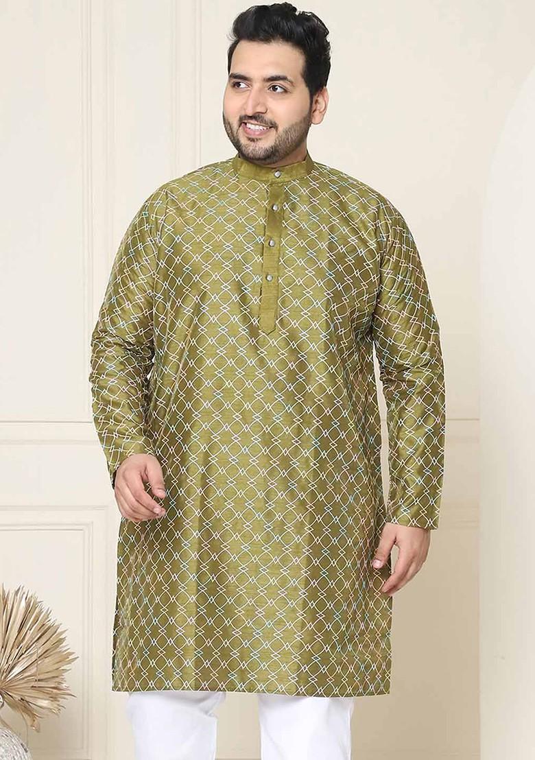 Olive Printed Poly Blend Kurta For Men