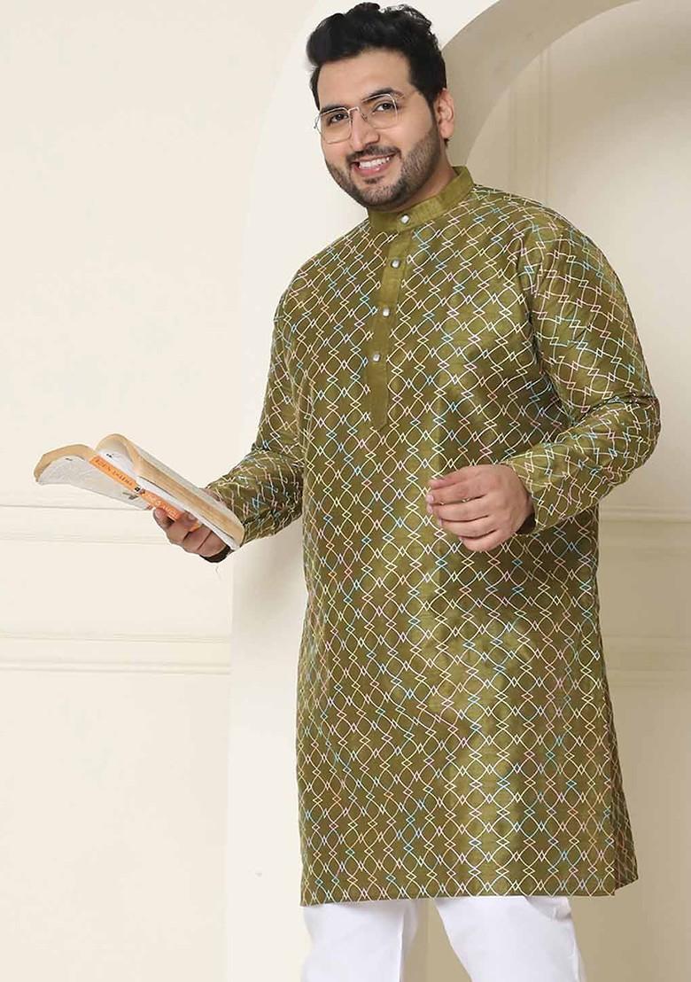 Olive Printed Poly Blend Kurta For Men