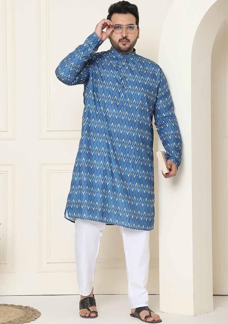 Navy Blue Ethnic Motifs Cotton Kurta For Men