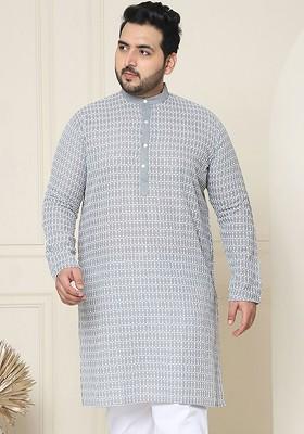 Grey Embroidered Cotton Kurta For Men